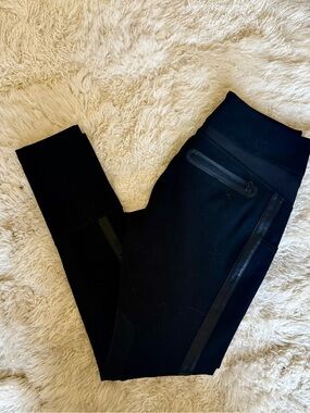 Blanc Noir Black High-Waist Zip Pocket Leggings With Faux Leather Trim, M EUC